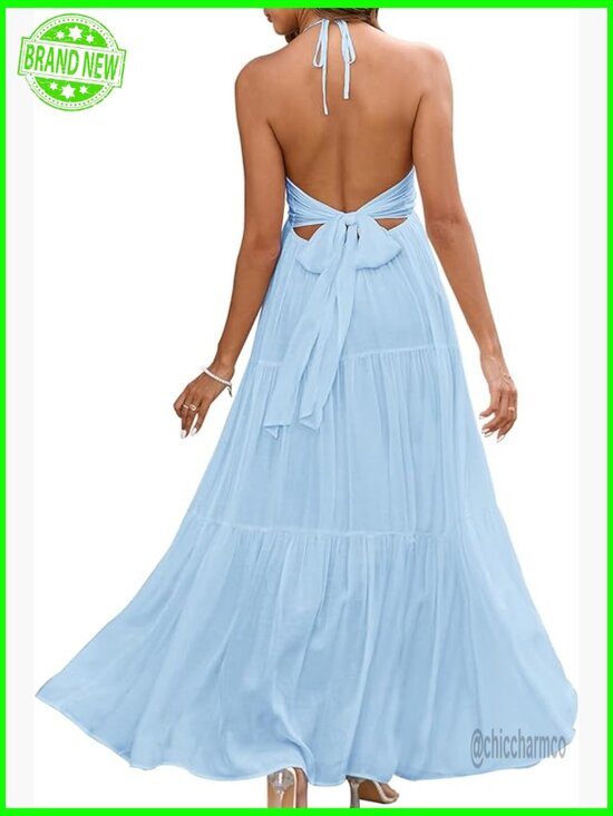 Dresses & Skirts - Maxi Halter V-Neck Backless Bow Dress Flowy Ruffle Sundress Women's Size